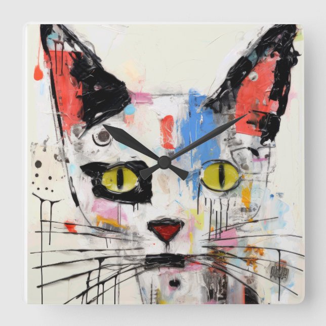 Graffiti Cat Urban Cool Feline Quadratische Wanduhr (Vorderseite)