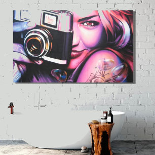Graffiti-Frau mit Kamera Leinwanddruck
