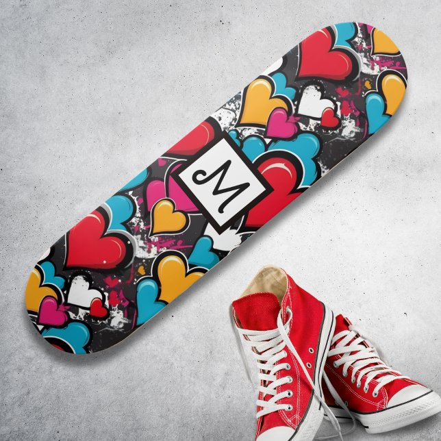 Graffiti Hearts Colorful Street Art Personalized Skateboard (A skateboard with colorful graffiti hearts in a street art style, with custom monogram initial)