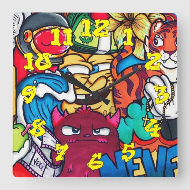 Graffiti-Hintergrund mit Graffiti-Nummern-14 Quadratische Wanduhr (Vorderseite)