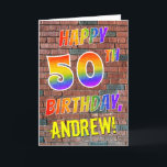 Graffiti inspirierter Regenbogen-Blick GLÜCKLICHER Karte<br><div class="desc">Die Front dieser Karten-Ausrüstungsbeschreibungen des ins Auge fallenden, Aufregens und des Spaßes Geburtstag-themenorientierten Grußes die Mitteilung "GLÜCKLICHER 50. GEBURTSTAG" mit den Buchstaben, die einen mehrfarbigen Regenbogen haben, mögen Steigungsmuster, und ein editable Name färbte Gelb, auf einem Backsteinmauermusterhintergrund. Der Blick wird durch den der Graffiti- oder Straßenkunst inspiriert, die auf Wand...</div>