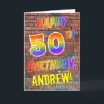 Graffiti inspirierter Regenbogen-Blick GLÜCKLICHER Karte<br><div class="desc">Die Front dieser Karten-Ausrüstungsbeschreibungen des ins Auge fallenden, Aufregens und des Spaßes Geburtstag-themenorientierten Grußes die Mitteilung "GLÜCKLICHER 50. GEBURTSTAG" mit den Buchstaben, die einen mehrfarbigen Regenbogen haben, mögen Steigungsmuster, und ein editable Name färbte Gelb, auf einem Backsteinmauermusterhintergrund. Der Blick wird durch den der Graffiti- oder Straßenkunst inspiriert, die auf Wand...</div>