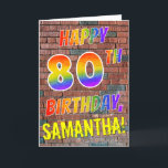 Graffiti inspirierter Regenbogen-Blick GLÜCKLICHER Karte<br><div class="desc">Die Front dieser Karten-Ausrüstungsbeschreibungen des vibrierenden, Aufregens und des Spaßes Geburtstag-themenorientierten Grußes die Mitteilung "GLÜCKLICHER 80. GEBURTSTAG" mit den Buchstaben, die einen mehrfarbigen Regenbogen haben, mögen Steigungsmuster, und ein kundengerechter Name färbte Gelb, auf einem Backsteinmauermusterhintergrund. Die Art wird durch die der Graffiti- oder Straßenkunst inspiriert, die auf Wand gezeichnet wird....</div>