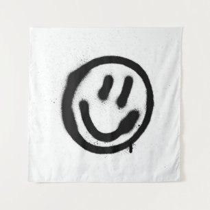 Graffiti-Lächeln-Gesicht-Emoticon in Schwarz auf W Wandteppich
