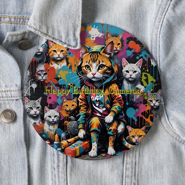 Graffiti Legend Street Cat Happy Birthday Name Button (Beispiel)