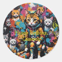 Graffiti Legend Street Cat Happy Birthday Name Runder Aufkleber