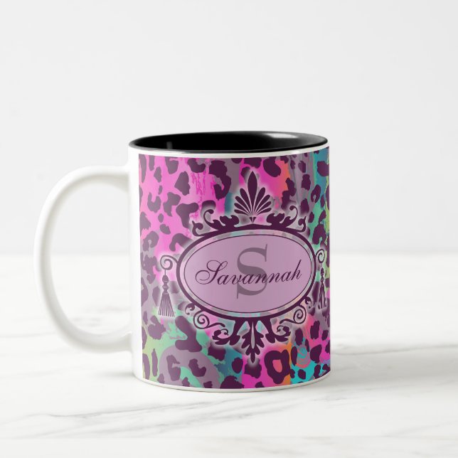 Graffiti Leopard Muster Individuelle Name & Monogr Zweifarbige Tasse (Links)