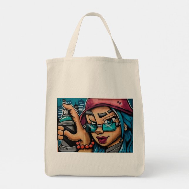 Graffiti, Mädchen, farbenfroh, rot, blau, lebhaft, Tragetasche (Rückseite)