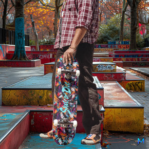 Graffiti mit elektrischem blauem Text und Skater-M Skateboard