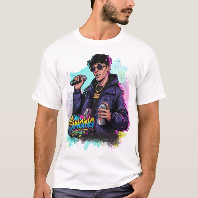 Graffiti Pop Sängerin mit Mic & Spray Can T-Shirt (Vorderseite)