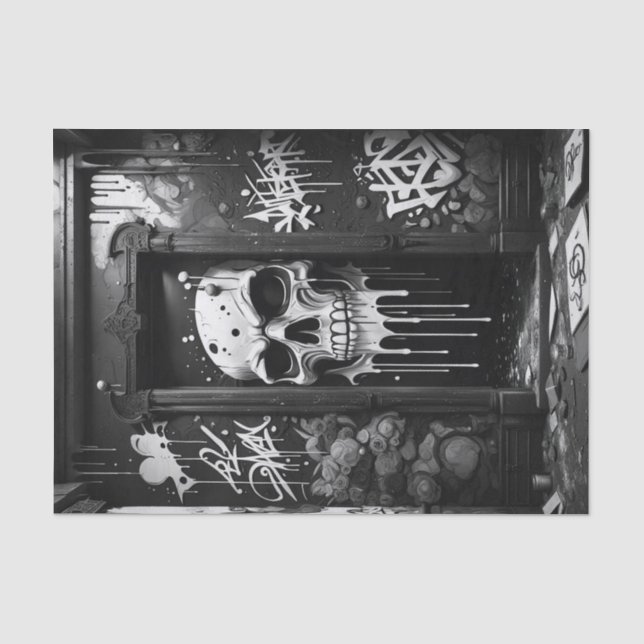 Graffiti Skull an der Tür | Bold Black & White Urb Seidenpapier (Vorderseite)