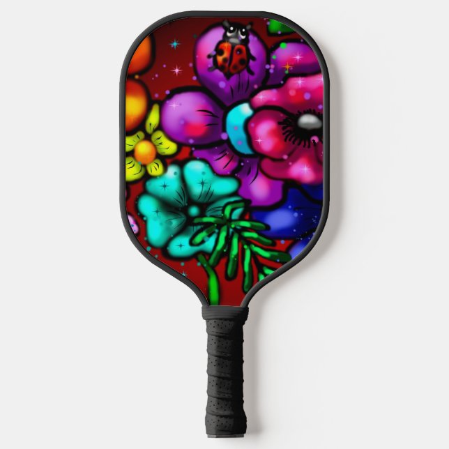 Graffiti Style Blume & Ladybug Rosa Lila Rot Pickleball Schläger (Vorderseite)