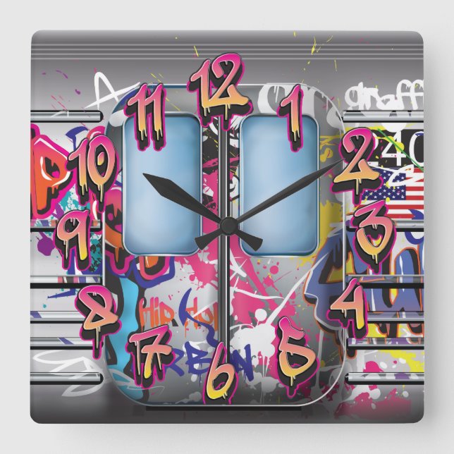 Graffiti-U-Bahn Quadratische Wanduhr (Vorderseite)