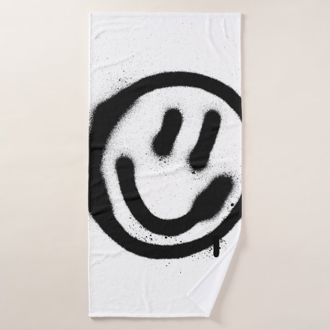 graffiti visage souriant émoticon en noir sur blan (Serviette de bain)