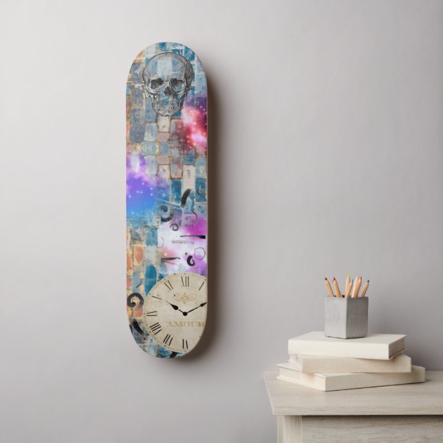 Graffiti, Ziegelwand, Schädel, Uhr, Grafik Skateboard (Wandkunst)