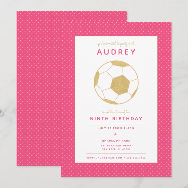 Grafik-Fußball-Star-Party in Rosa und Gold Einladung (Vorne/Hinten)
