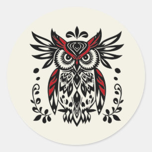 Grafik Kunst Stammes Boho Eule Vogel Wildtiere Runder Aufkleber