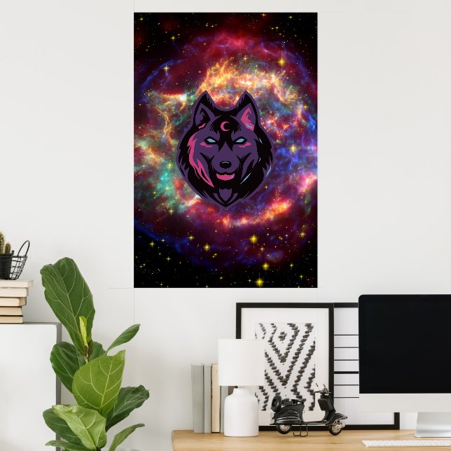 Grafikkunst, Lila kosmische Wolf-Illustration Poster (Heimbüro)