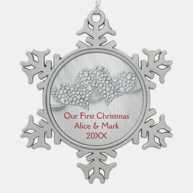 Grafische Diamant-Herzen | unser erstes Schneeflocken Zinn-Ornament (Vorderseite)