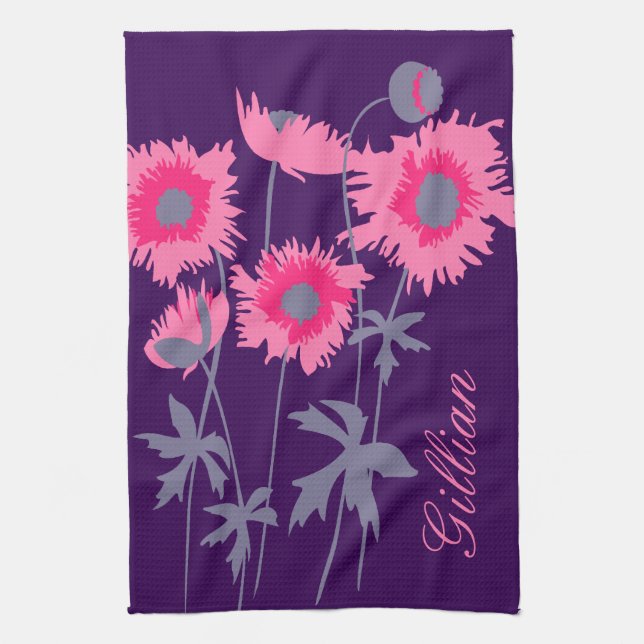 Grafische Mohnblüten in Grau-Rosa und lila Geschirrtuch (Vertikal)