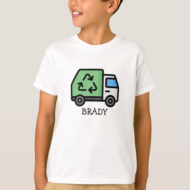 Grafischer Müll/Recycle LKW mit Kindnamen T-Shirt (Vorderseite)