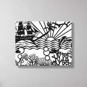 Grafisches B&W-Segelschiff unter Wasser Leinwanddruck