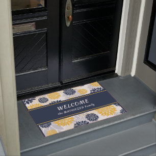 Grafisches Muster der Navy Blue Gold Blume Fußmatte