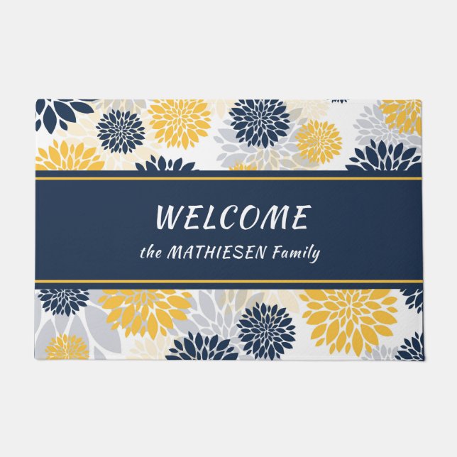 Grafisches Muster der Navy Blue Gold Blume Fußmatte (Vorderseite)