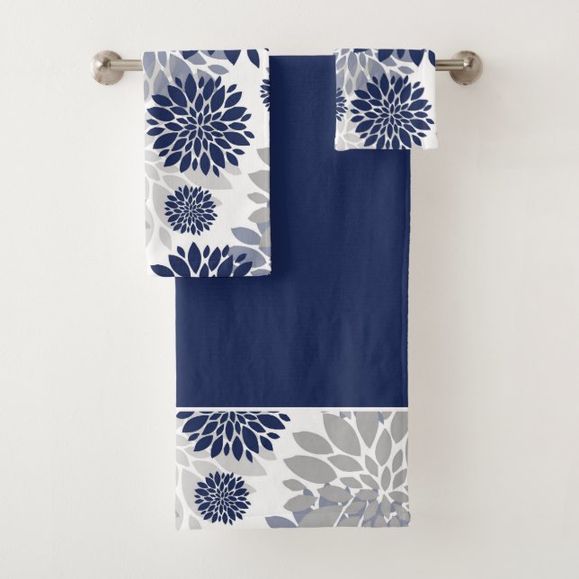 Grafisches Muster der Navy Blue Gray Blume Badhandtuch Set (Insitu)
