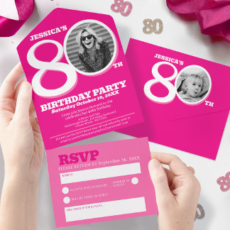 Grafisches rosa Foto in der 0 von 80. Geburtstag All In One Einladung