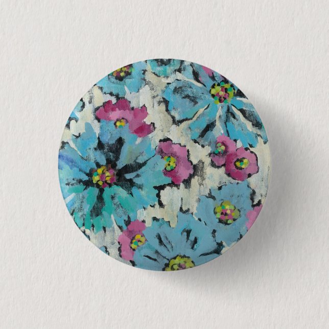 Grafisches rosa und blaues Blumen Button (Vorderseite)
