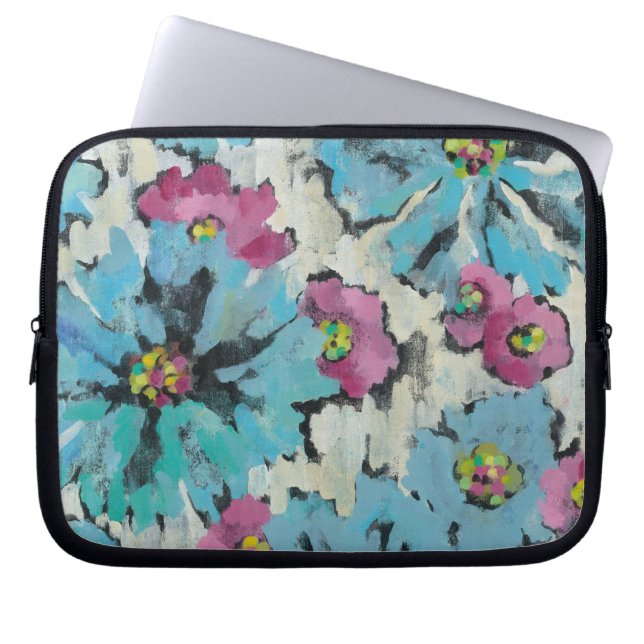 Grafisches rosa und blaues Blumen Laptopschutzhülle (Vorderseite)