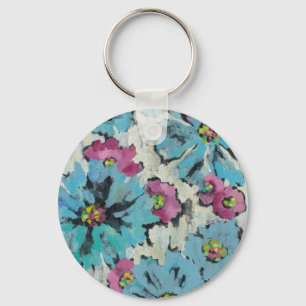 Grafisches rosa und blaues Blumen Schlüsselanhänger