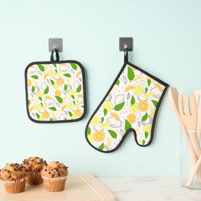 Grafisches Zitrusfrüchte-Backofen Mitt- und Topfha Ofenhandschuh & Topflappen-Set (Insitu (Hängend))