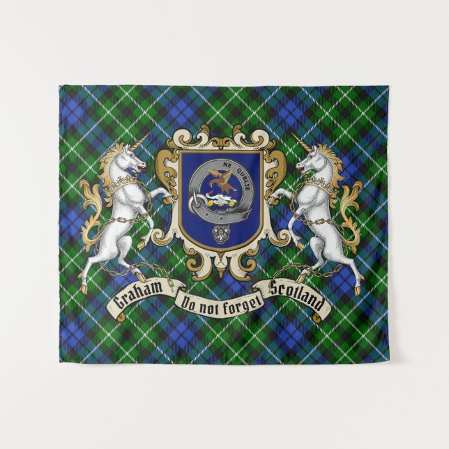 Graham Clan Abzeichen & Unicorns w/Tartan Wandteppich (Vorderseite (Horizontal))