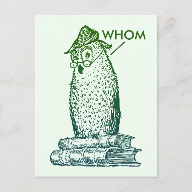 Grammar Owl sagt wen (grün) Postkarte (Vorderseite)