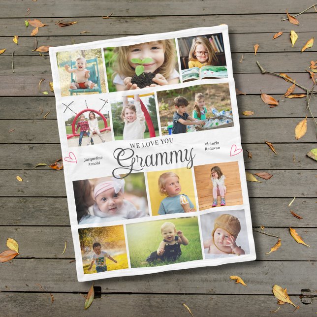 Grammy Wir Liebe Sie Personalisiert Herzen Fleecedecke (Grammy personalized fleece blanket with 12 photos and custom text)