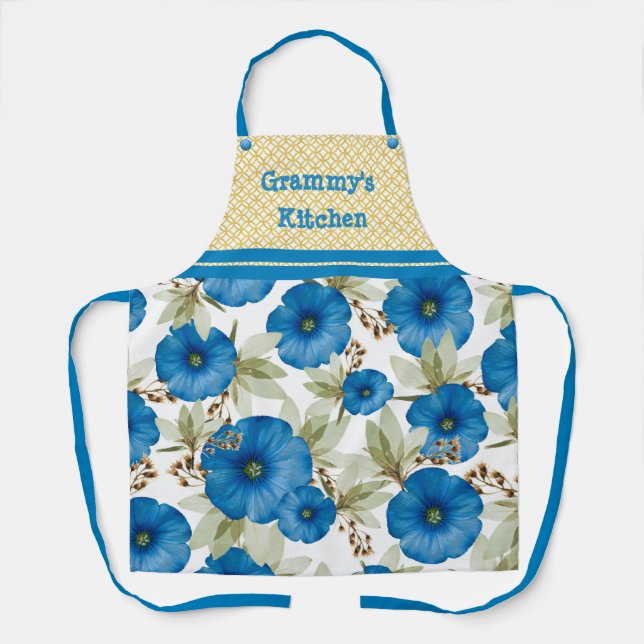 Grammy's Kitchen - blaues Blumenmuster und gelbes  Schürze (Vorderseite)