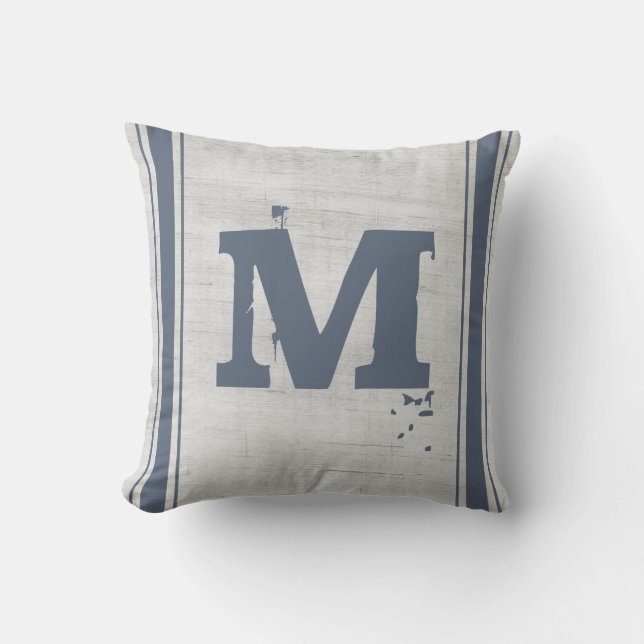 Gran Sack Blau Grau Vertikale Streifen Monogramm m Kissen (Vorderseite)