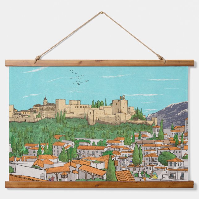 Granada Cityview Spanien Landschaftsbild Wandteppich Mit Holzrahmen (Vorne)