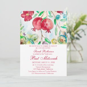 Granatapfel Elegante Florale Jüdische Mädchen Bat  Einladung
