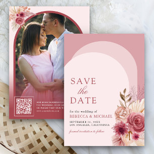 Granatapfel Rosa Florale Pampas Bogen Foto QR Code Save The Date