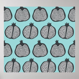 Granatapfel-Scheiben: Schwarzes Aqua-Muster. Poster