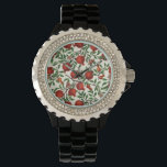 Granatäpfel und Bella Moths auf weißem Boden Armbanduhr<br><div class="desc">Granatäpfel mit üppigen Blätter und reichhaltigen roten Früchten erstrecken sich über einen schwarzen Hintergrund. Eine sekundäre Ebene verblasst subtil, wodurch Tiefe hinzugefügt wird. Traditionell auf Papier mit Markern gemalt, werden die Elemente gescannt und in Fotoshop zu einem Muster zusammengesetzt.</div>
