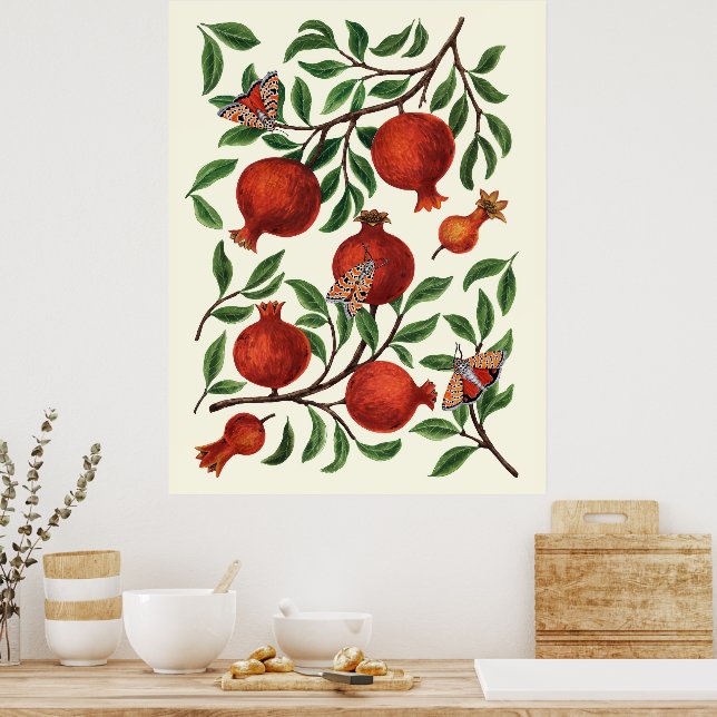 Granatäpfel und Bella Moths auf weißem Boden Poster (Küche)