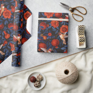Granatapfel und Kolibris/blaue Blätter auf schwarz Geschenkpapier