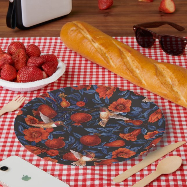 Granatapfel und Kolibris/blaue Blätter auf schwarz Pappteller (Picknick)