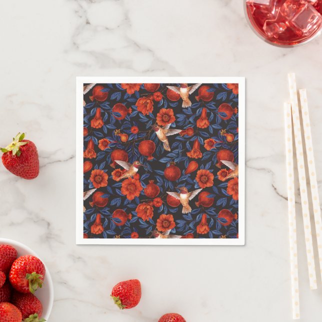 Granatapfel und Kolibris/blaue Blätter auf schwarz Serviette (Beispiel)