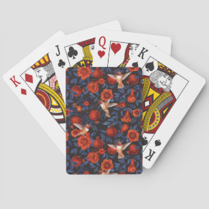 Granatapfel und Kolibris/blaue Blätter auf schwarz Spielkarten