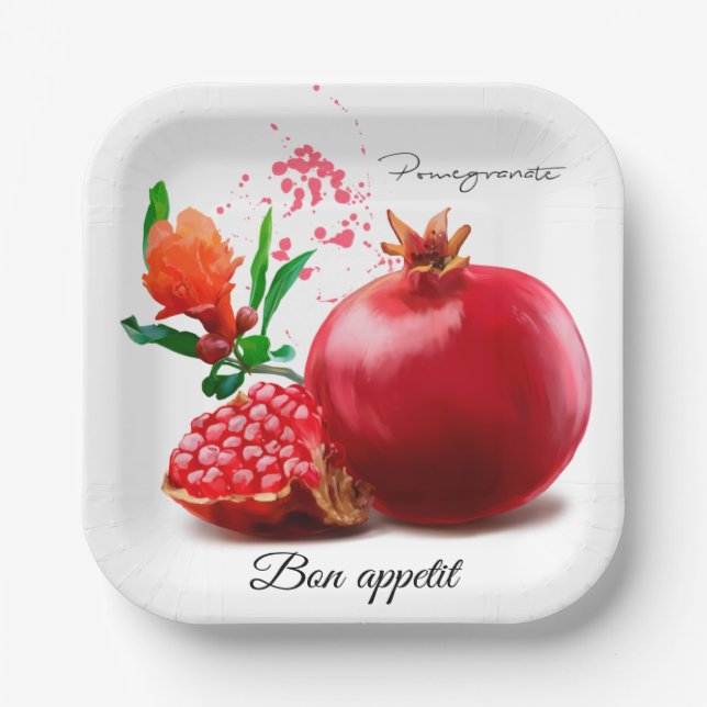 Granatapfel und Spritzer. Aquarellbild Pappteller (Vorderseite)